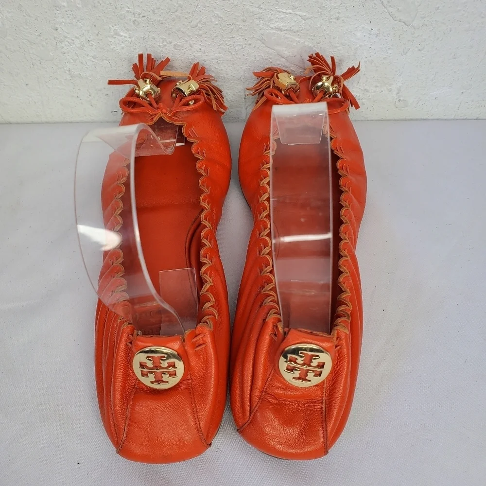 Tory Burch Reese Soft Orange Leather Stretch Bow Tassel Ballet Flats